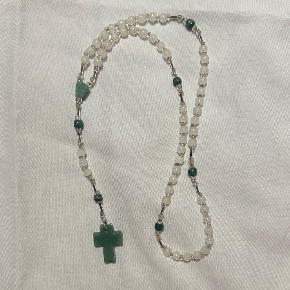Elegant Green and White Beaded Necklace with Cross Pendant
